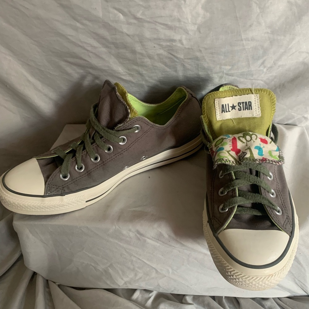 Converse, double tongue, grey green, cute animal pattern, size 8M/10W